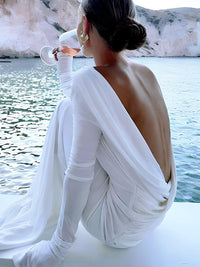 Thumbnail for Chic Backless White Long Sleeve Dress For Women Slim Fit Pleated Elegant Round Neck Long Dresses Female Evening Gowns -, Dress , Drestiny , 10, 4, 6, 8, Australia, FR, L, Long Sleeves, M, Maxi Dresses, New Zealand, S, United Kingdom, United States, White , Drestiny , www.shopdrestiny.com