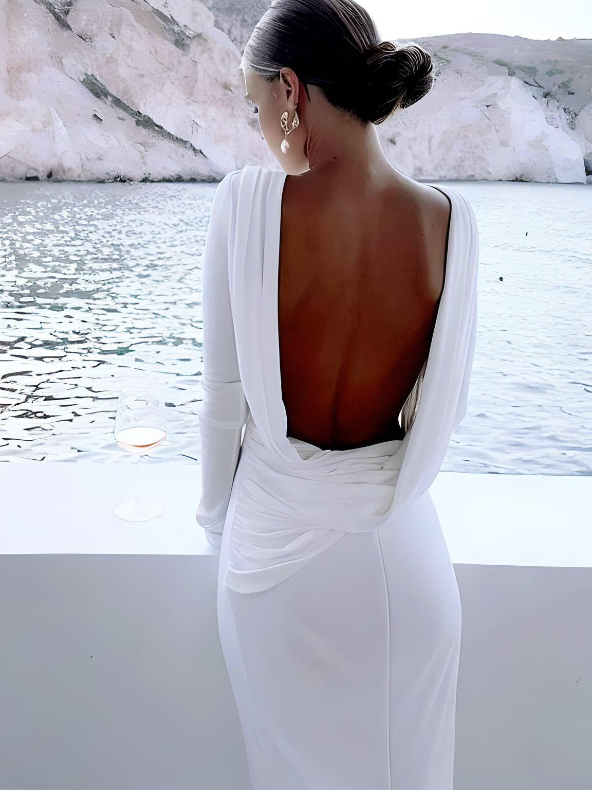 Chic Backless White Long Sleeve Dress For Women Slim Fit Pleated Elegant Round Neck Long Dresses Female Evening Gowns -, Dress , Drestiny , 10, 4, 6, 8, Australia, FR, L, Long Sleeves, M, Maxi Dresses, New Zealand, S, United Kingdom, United States, White , Drestiny , www.shopdrestiny.com