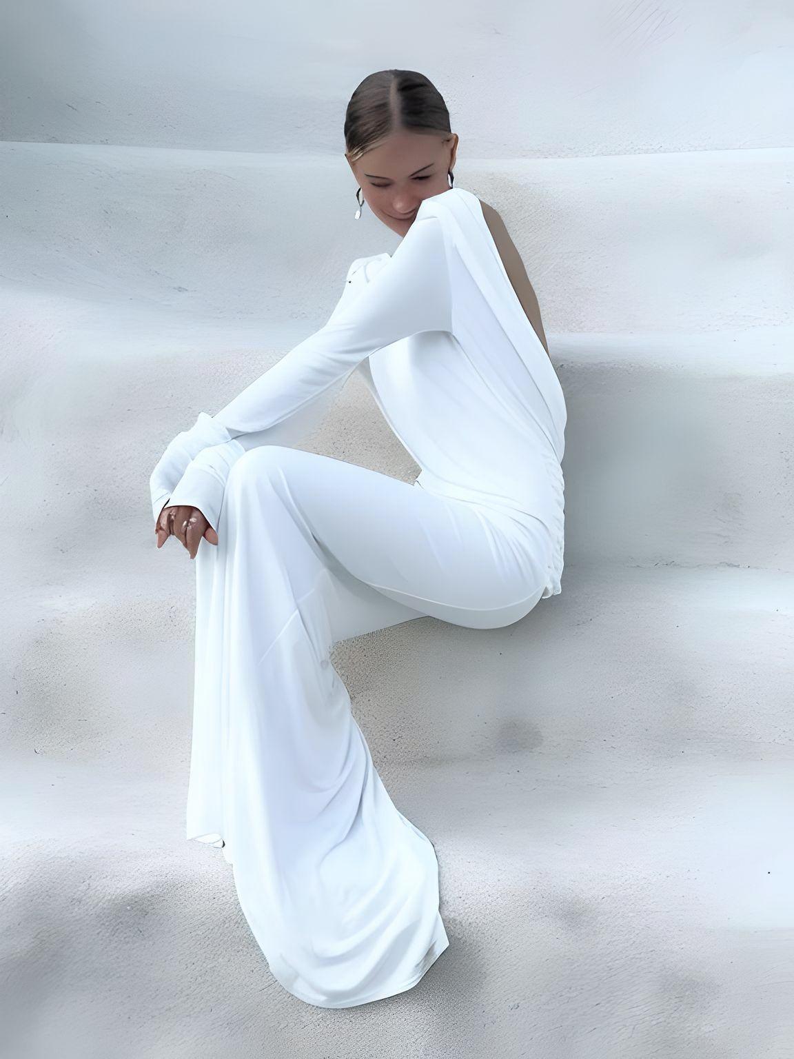 Chic Backless White Long Sleeve Dress For Women Slim Fit Pleated Elegant Round Neck Long Dresses Female Evening Gowns -, Dress , Drestiny , 10, 4, 6, 8, Australia, FR, L, Long Sleeves, M, Maxi Dresses, New Zealand, S, United Kingdom, United States, White , Drestiny , www.shopdrestiny.com