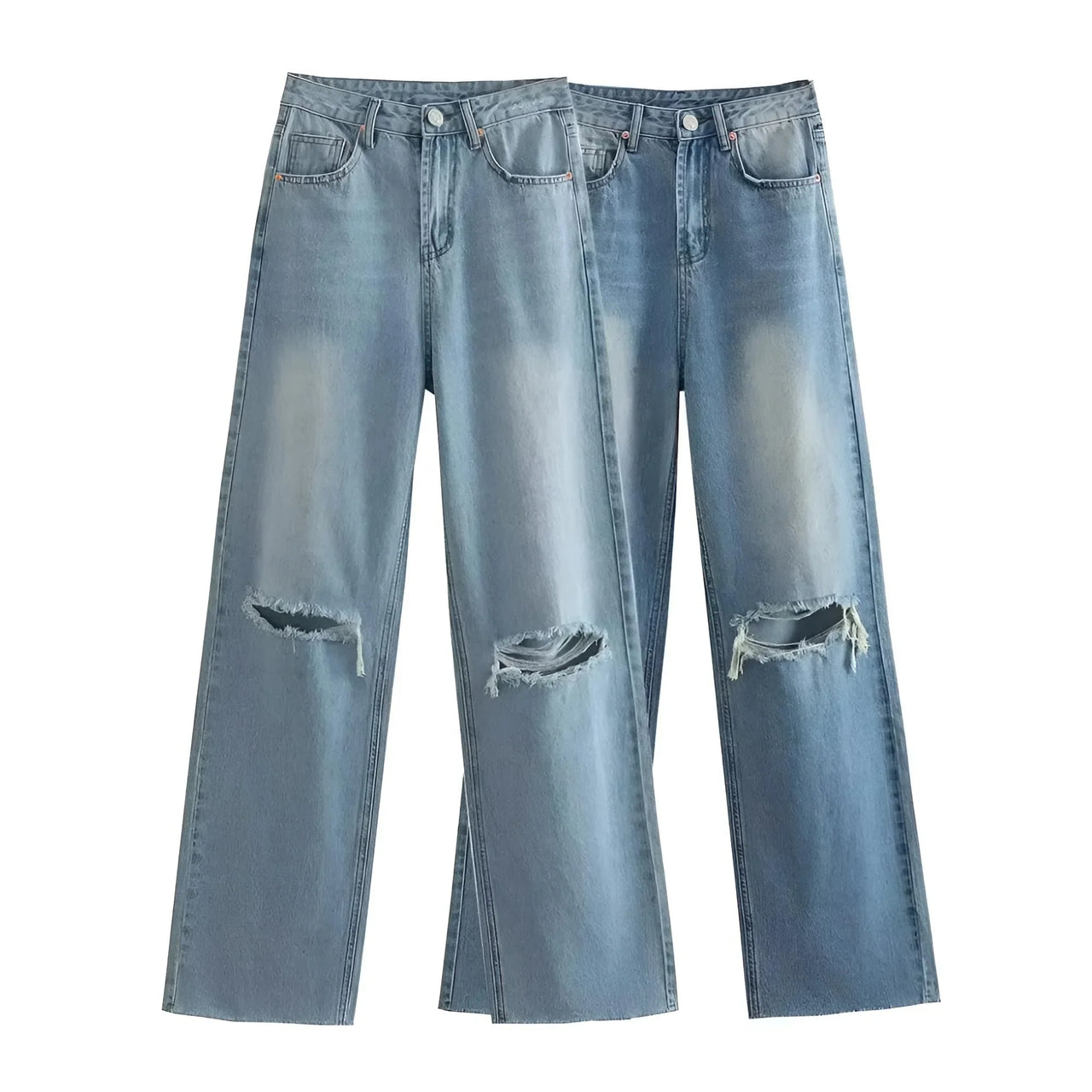 Chic Fashion Women's Destroyed Straight-Leg jeans, Drestiny, Jeans, Casual Pants, XS, S, M, L, Blue, Light Blue, United States, USA, Canada, Australia, New Zealand, United Kingdom, UK, Ripped straight leg jeans, Distressed straight jeans, high waisted straight jeans, Straight-leg jeans women, Y2K straight-leg jeans, shopdrestiny.com