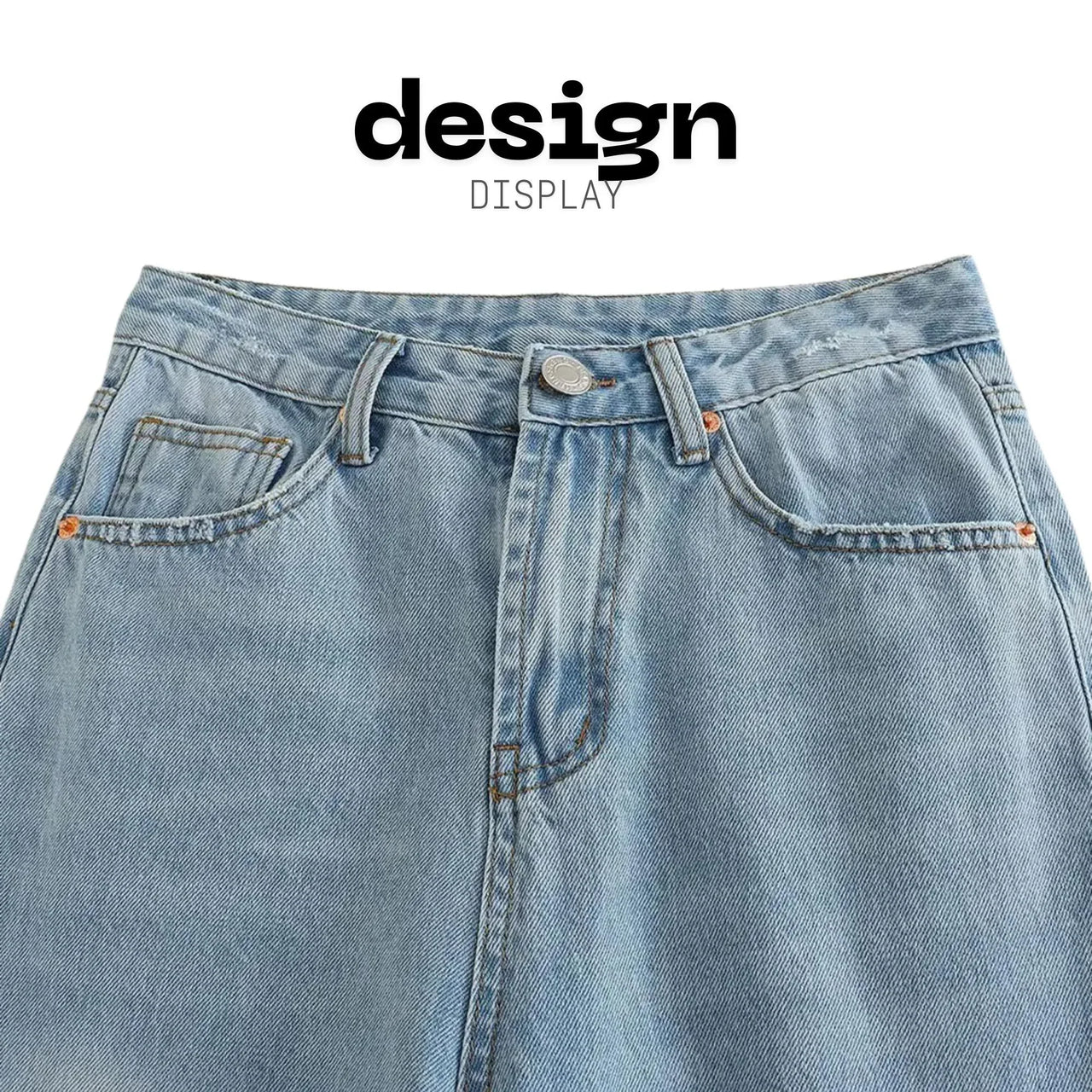 Close-up of blue denim jeans with 'design display' text above.