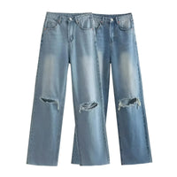 Thumbnail for Chic Fashion Women's Destroyed Straight-Leg jeans, Drestiny, Jeans, Casual Pants, XS, S, M, L, Blue, Light Blue, United States, USA, Canada, Australia, New Zealand, United Kingdom, UK, Ripped straight leg jeans, Distressed straight jeans, high waisted straight jeans, Straight-leg jeans women, Y2K straight-leg jeans, shopdrestiny.com