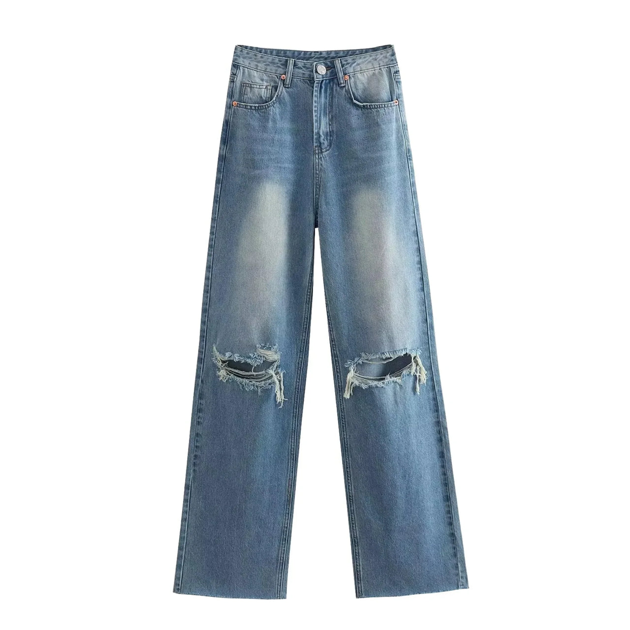 Blue distressed jeans on a white background
