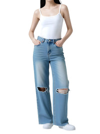 Thumbnail for Chic Fashion Women's Destroyed Straight-Leg jeans, Drestiny, Jeans, Casual Pants, XS, S, M, L, Blue, Light Blue, United States, USA, Canada, Australia, New Zealand, United Kingdom, UK, Ripped straight leg jeans, Distressed straight jeans, high waisted straight jeans, Straight-leg jeans women, Y2K straight-leg jeans, shopdrestiny.com