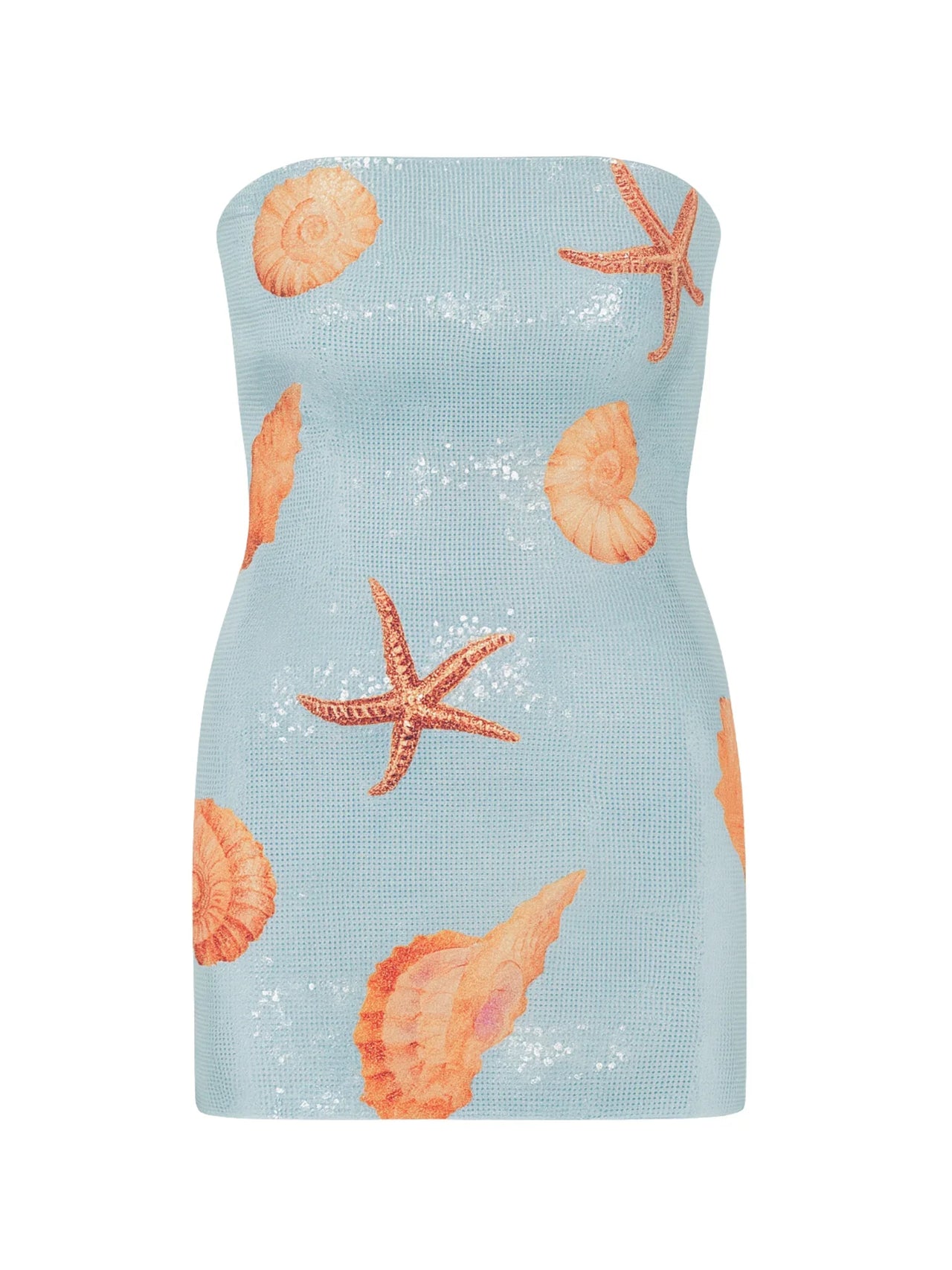 Seamless strapless sequin dress with starfish and shell pattern on a light blue background