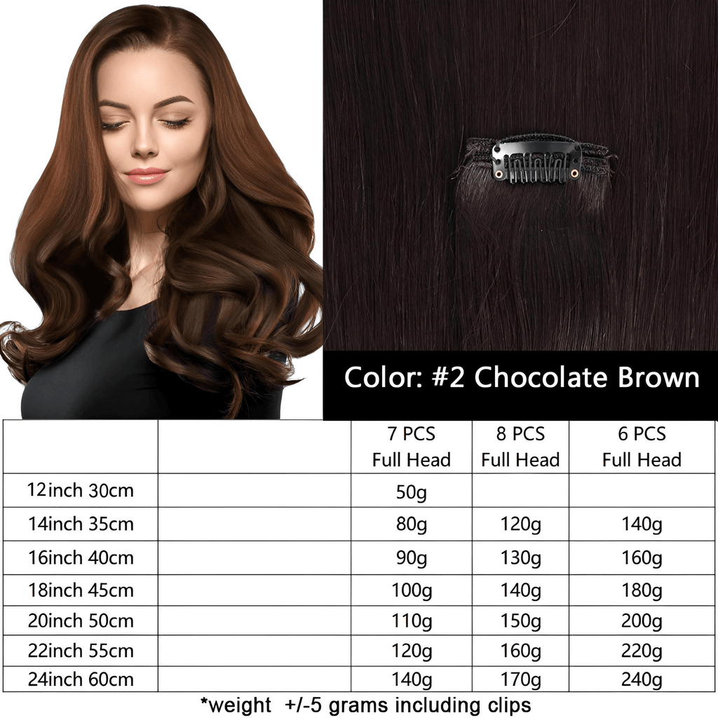 Get luscious locks with our Clip In Real Brown Human Hair Extensions! Shop at Drestiny and enjoy free color matching, free shipping, and tax covered. Save up to 50% off!