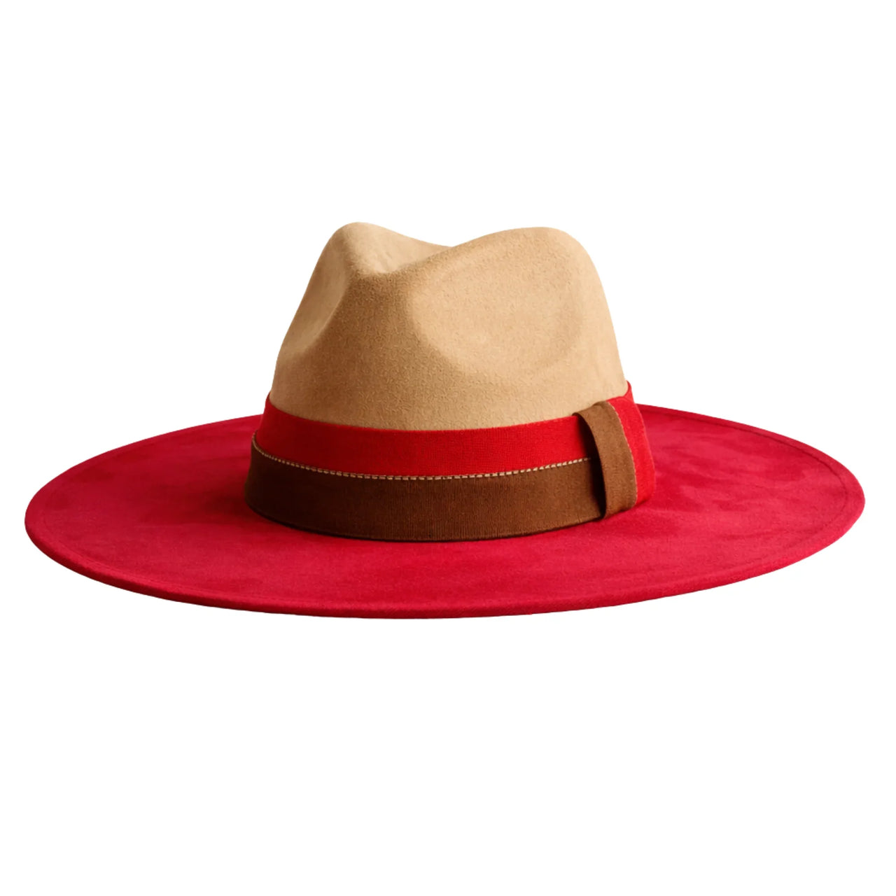 Beige hat with a red brim and brown band on a white background