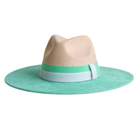 Thumbnail for Beige and teal hat with a wide brim on a white background
