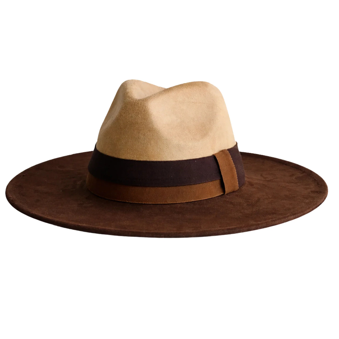 Brown and beige fedora hat with a wide brim on a white background