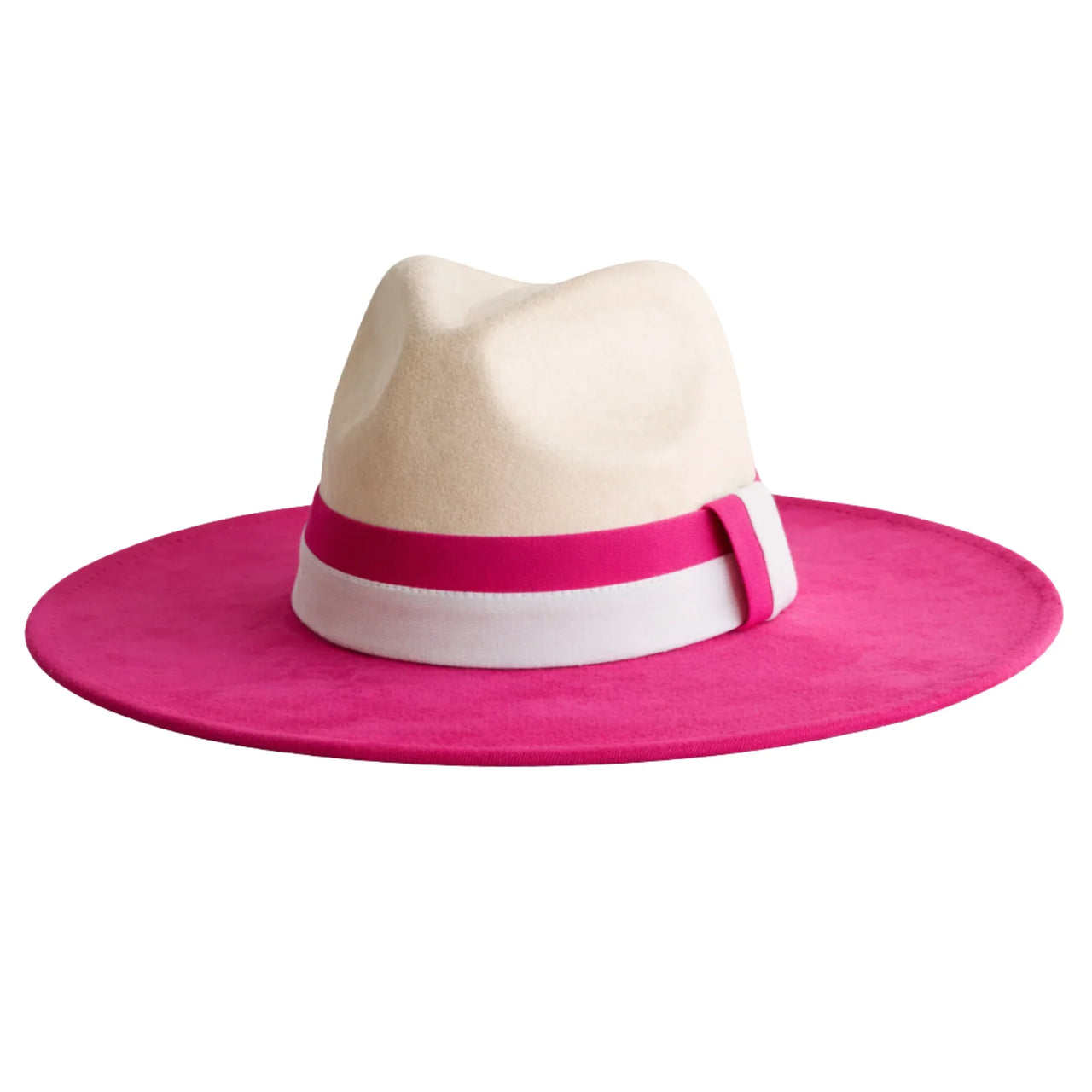 White hat with a pink brim and band on a white background
