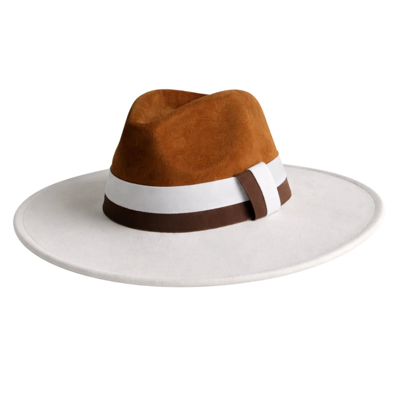 Brown and white fedora hat on a white background