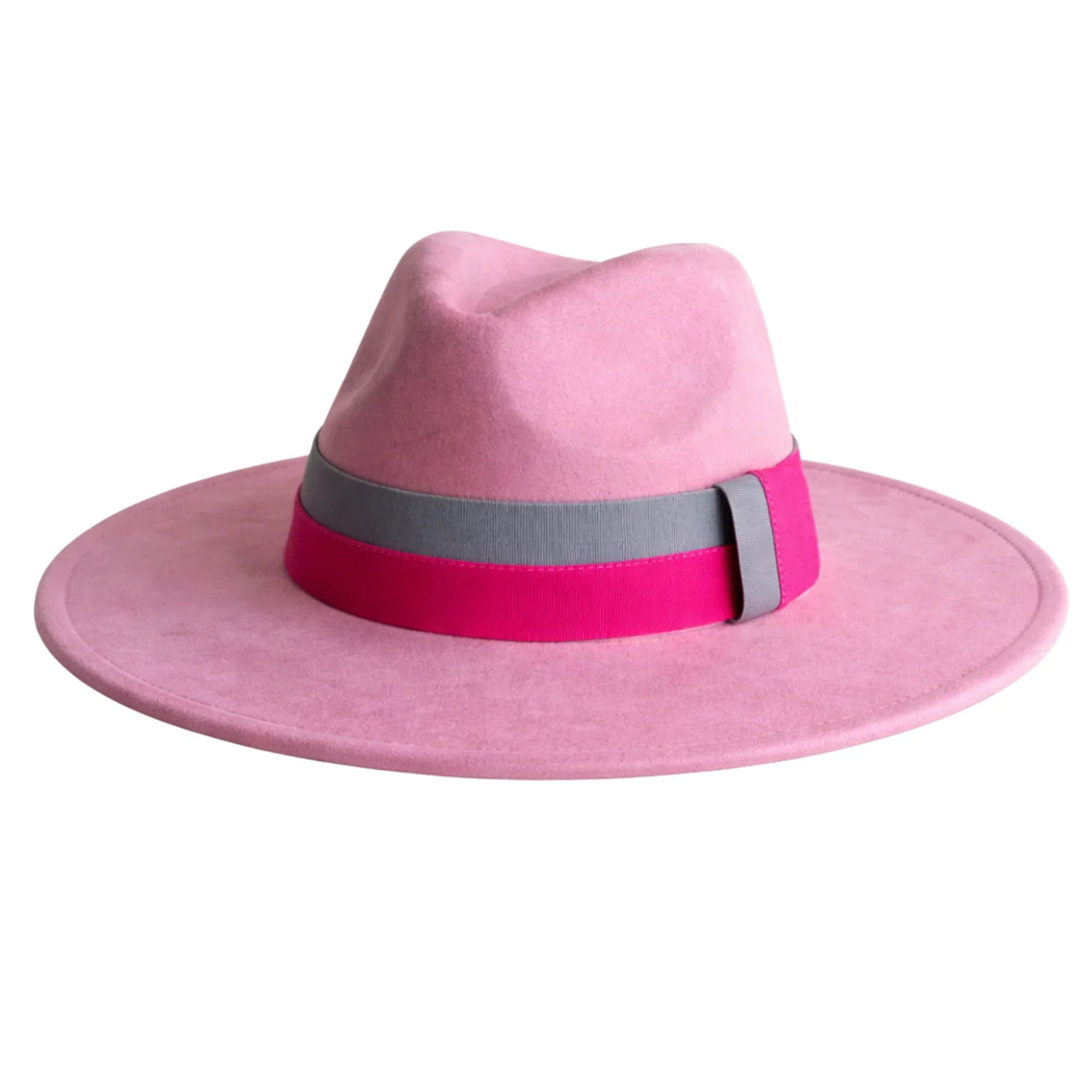 Pink fedora hat with a wide brim and colorful band on a white background