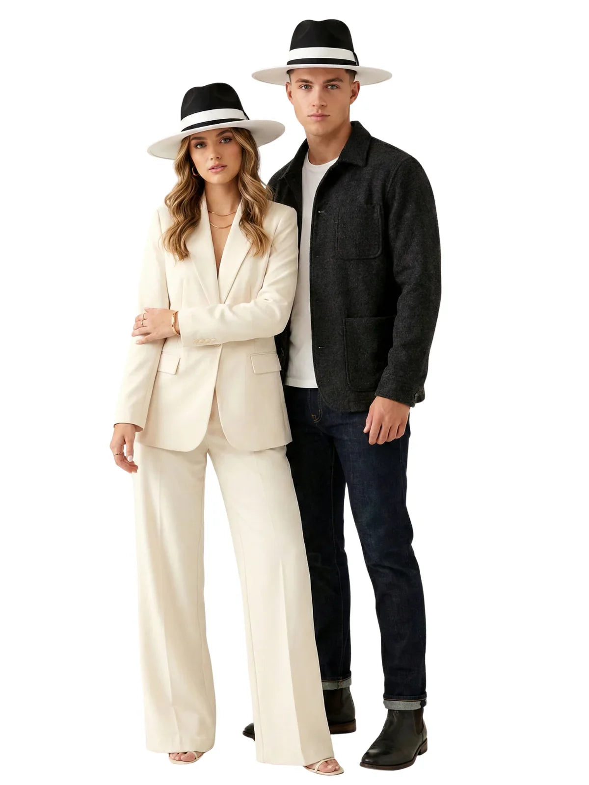 Two people wearing black fedora hats with white brims and outfits on a white background