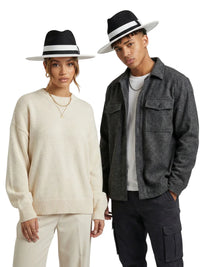 Thumbnail for Two people wearing black fedora hats with white brims and casual clothing on a white background
