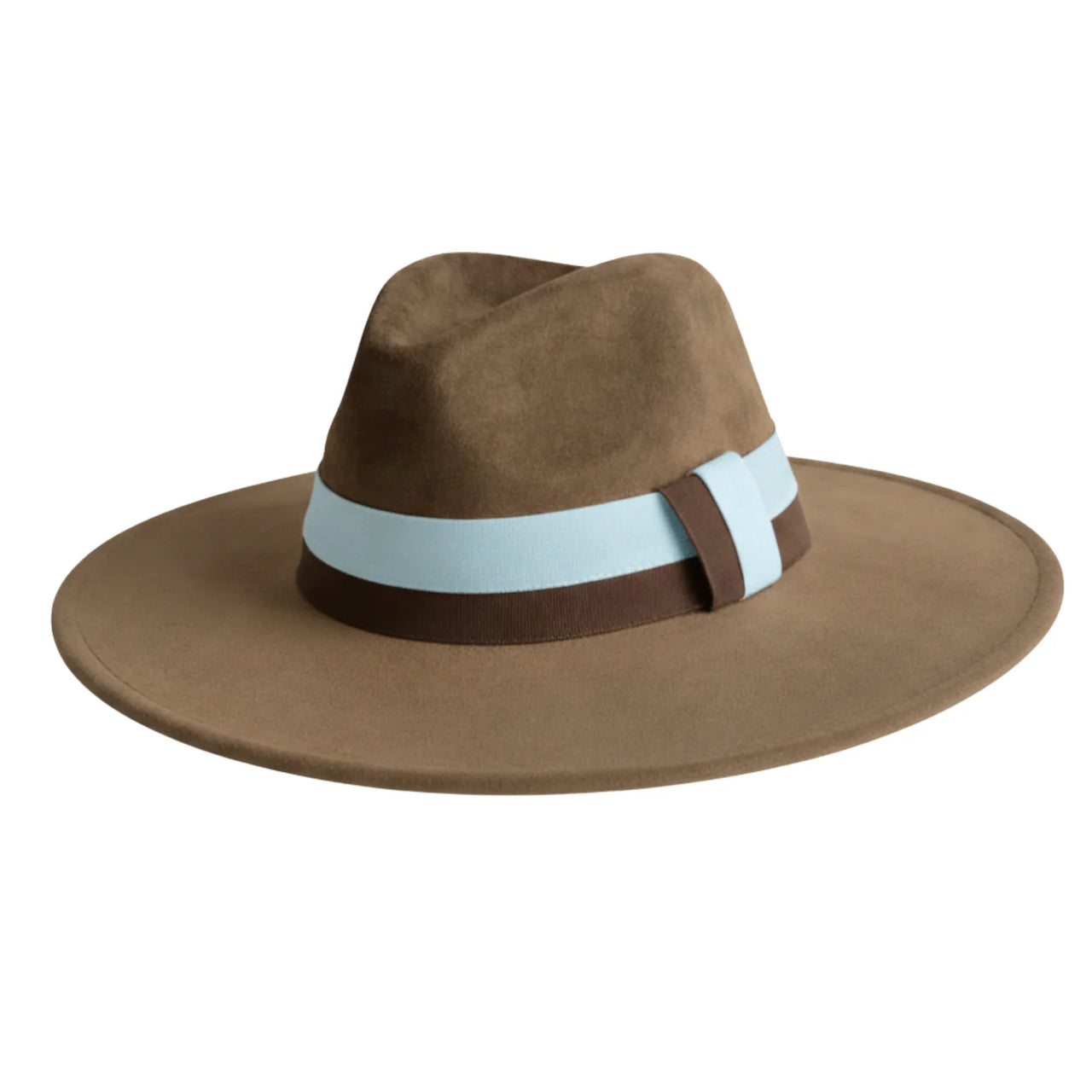 Coffee fedora hat with a light blue band on a white background