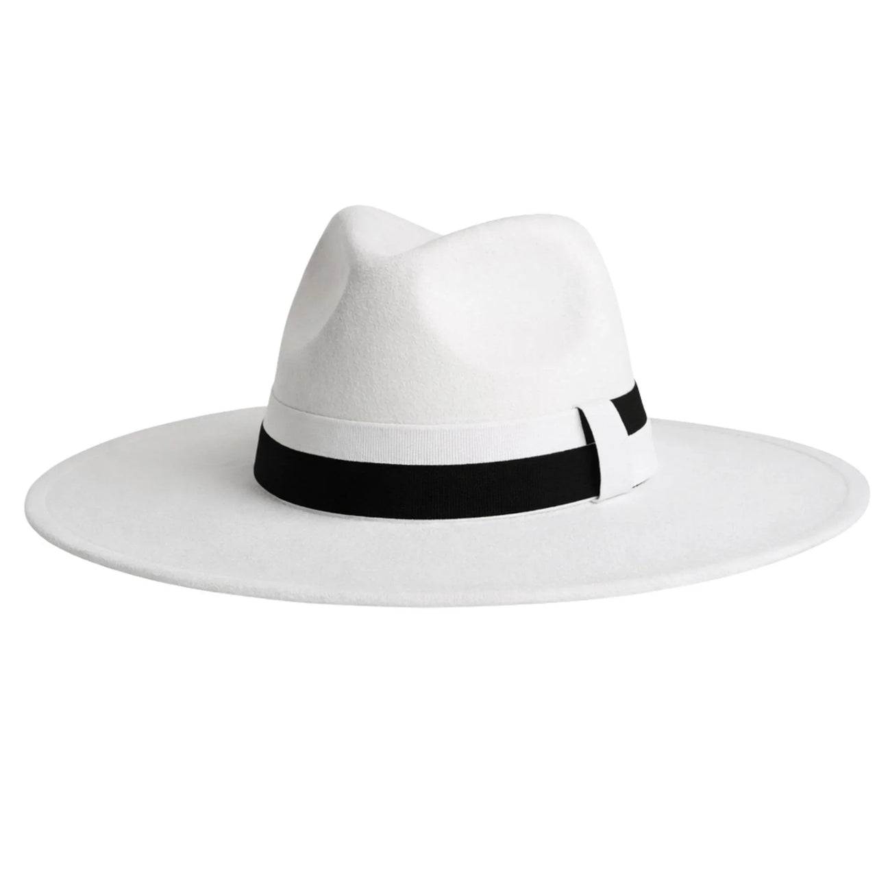 White fedora hat with a black band on a white background
