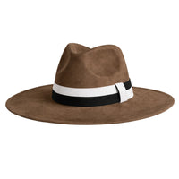 Thumbnail for Brown fedora hat with a black and white band on a white background