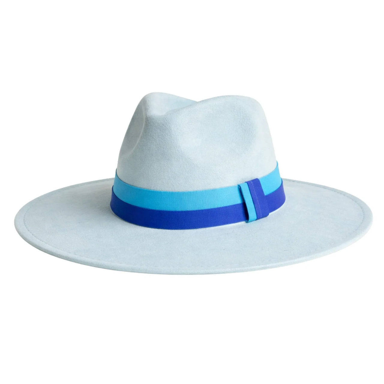 Light blue fedora hat with a blue band on a white background