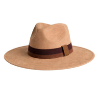 Thumbnail for Light brown fedora hat with a wide brim and brown band on a white background