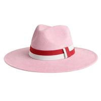 Thumbnail for Pink fedora hat with a red and white band on a white background