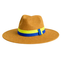 Thumbnail for Light brown hat with a yellow and blue band on a white background