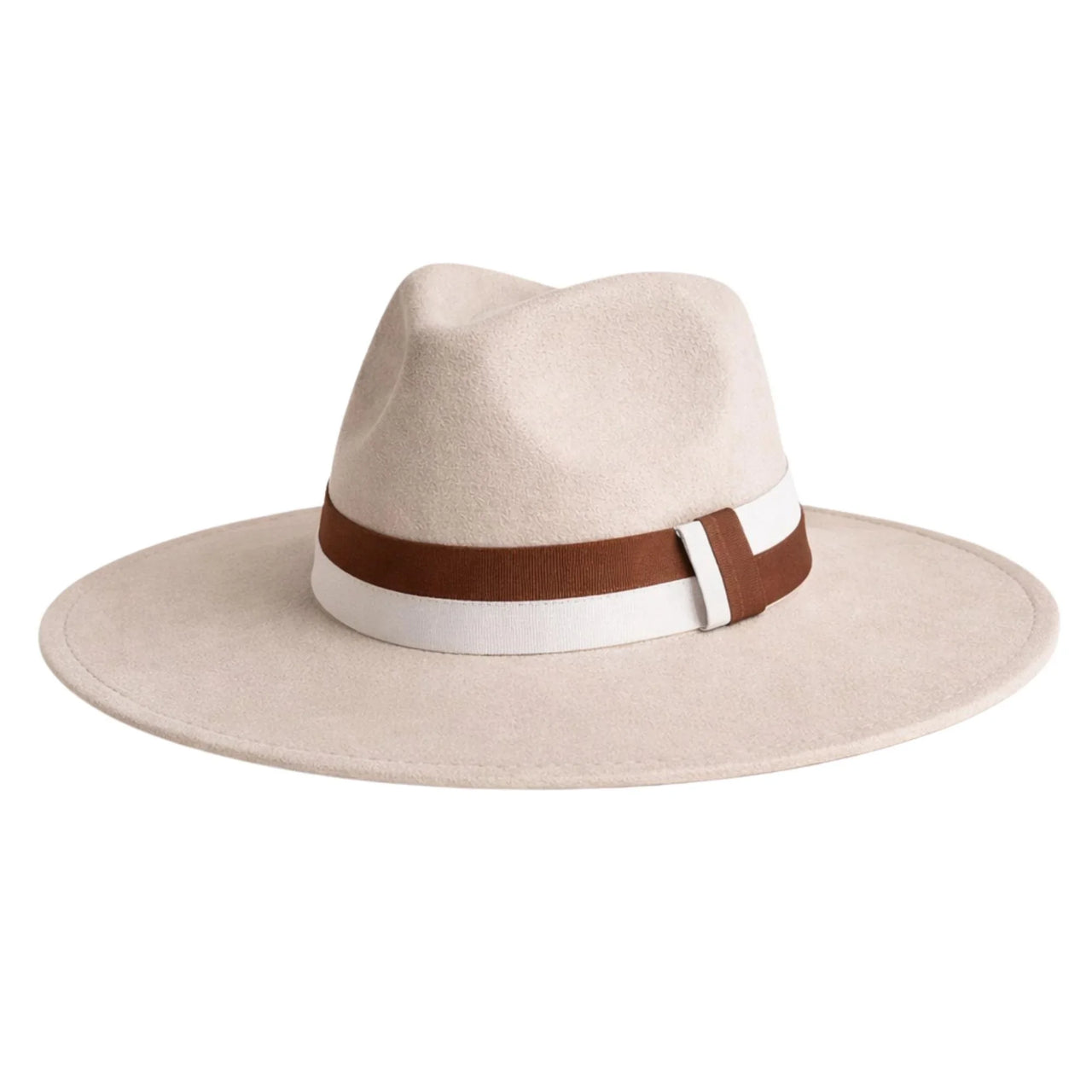 Beige fedora hat with a brown and white band on a white background