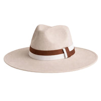 Thumbnail for Beige fedora hat with a brown and white band on a white background