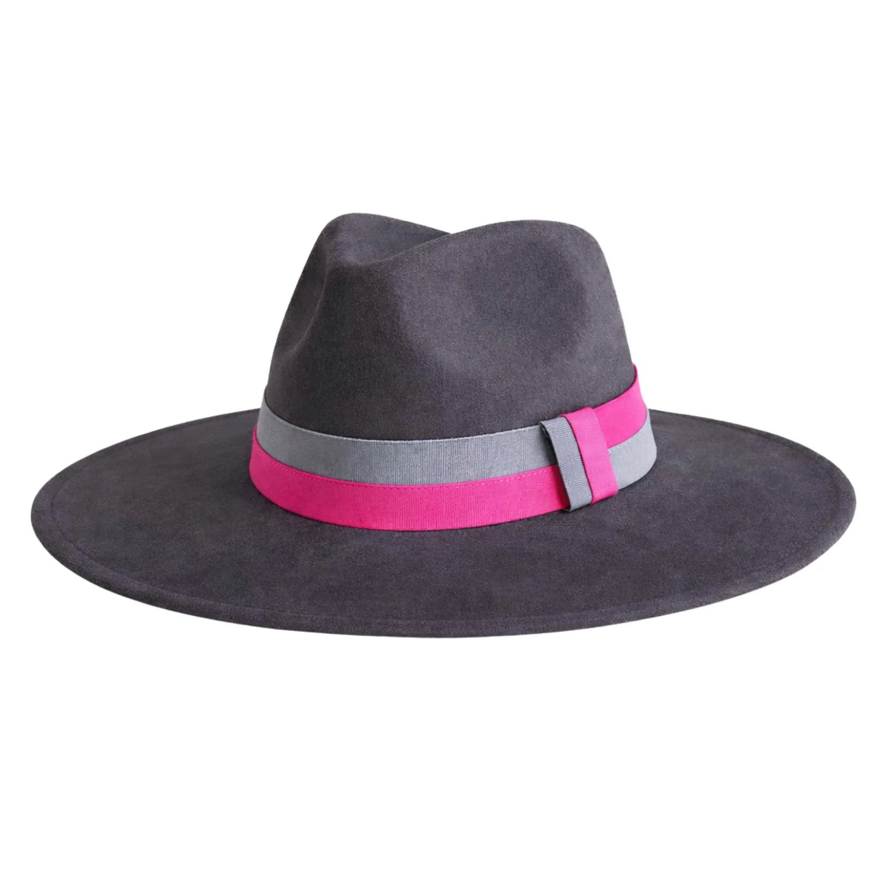 Gray fedora hat with a pink and gray band on a white background