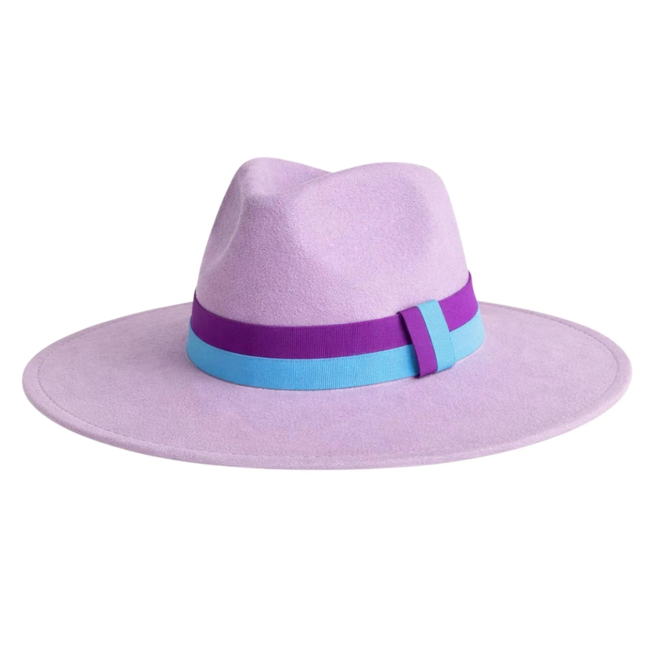 Light purple fedora hat with a wide brim and colorful band on a white background