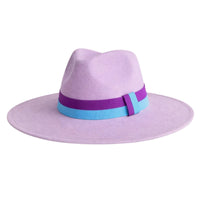 Thumbnail for Light purple fedora hat with a wide brim and colorful band on a white background