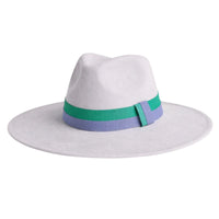 Thumbnail for French grey fedora hat with a teal green and purple band on a white background