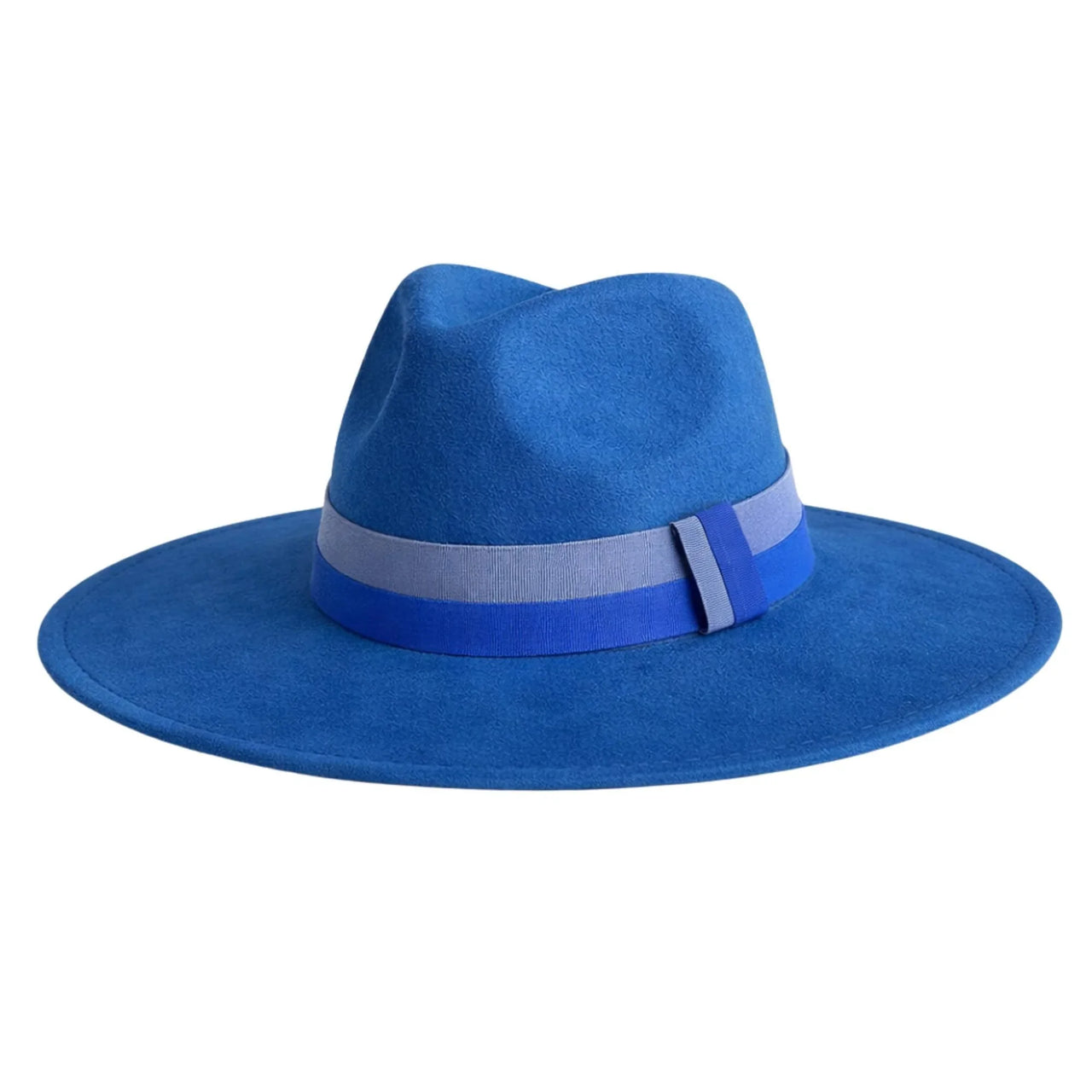 Blue fedora hat with a wide brim and blue band on a white background