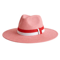 Thumbnail for Peach red fedora hat with a red and white band on a white background