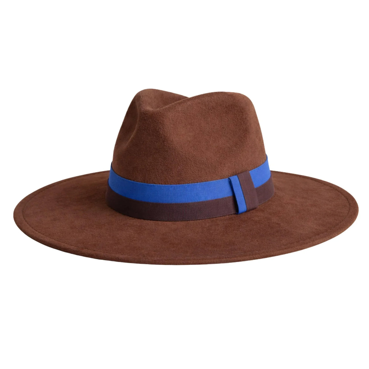 Brown fedora hat with a blue and brown band on a white background