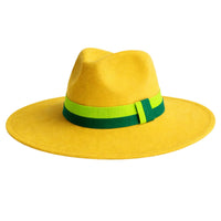 Thumbnail for Yellow fedora hat with a green and lime band on a white background