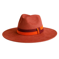 Thumbnail for Dark orange fedora hat with a wide brim and orange band on a white background 