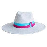 Thumbnail for Light blue fedora hat with a blue and bright pink band on a white background