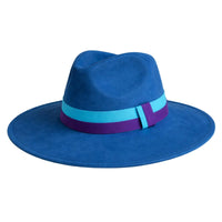 Thumbnail for Blue fedora hat with a purple and blue band on a white background