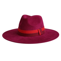 Thumbnail for Wine red fedora hat with a wide brim and red band on a white background