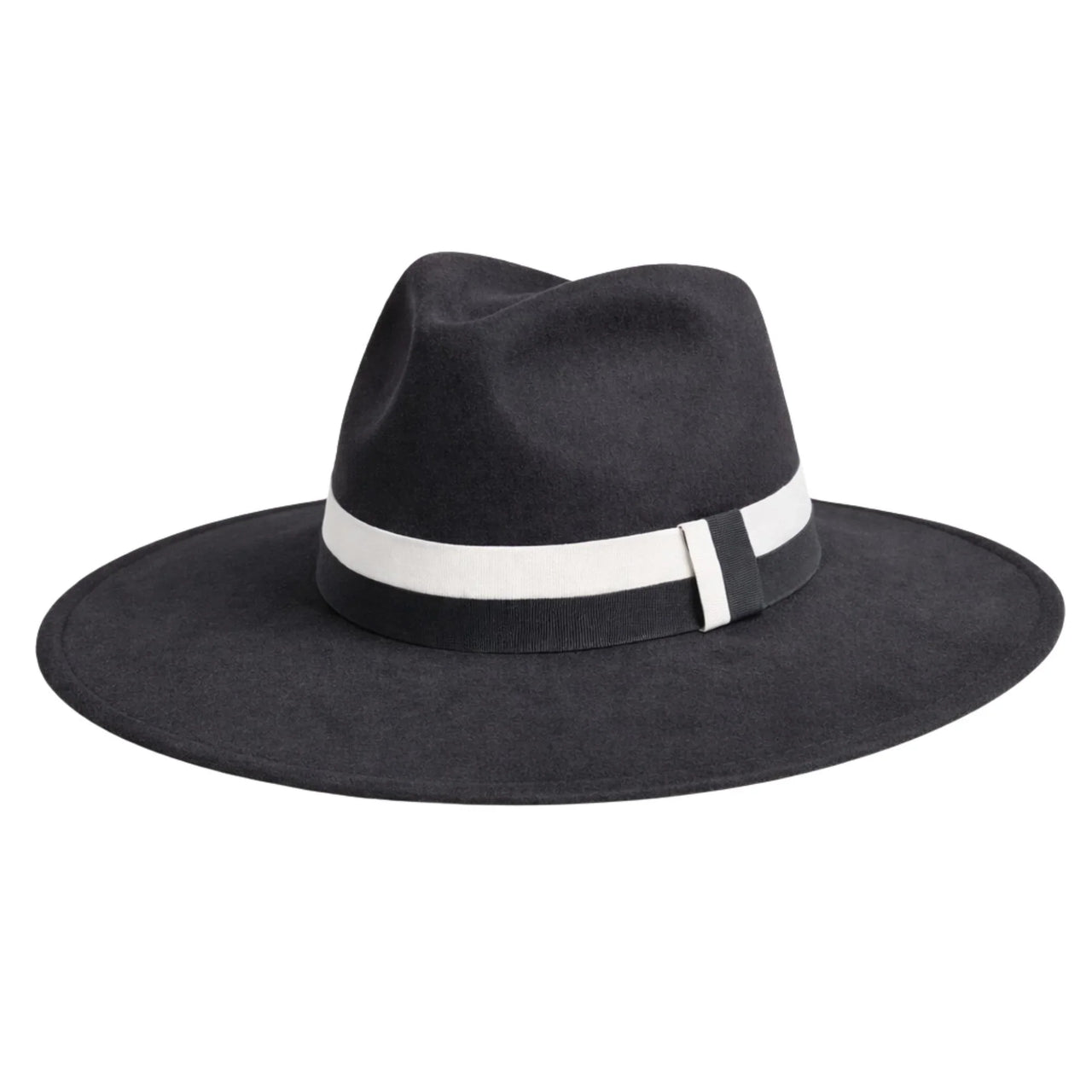 Charcoal black fedora hat with a wide brim and white and black band on a white background