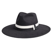 Thumbnail for Charcoal black fedora hat with a wide brim and white and black band on a white background