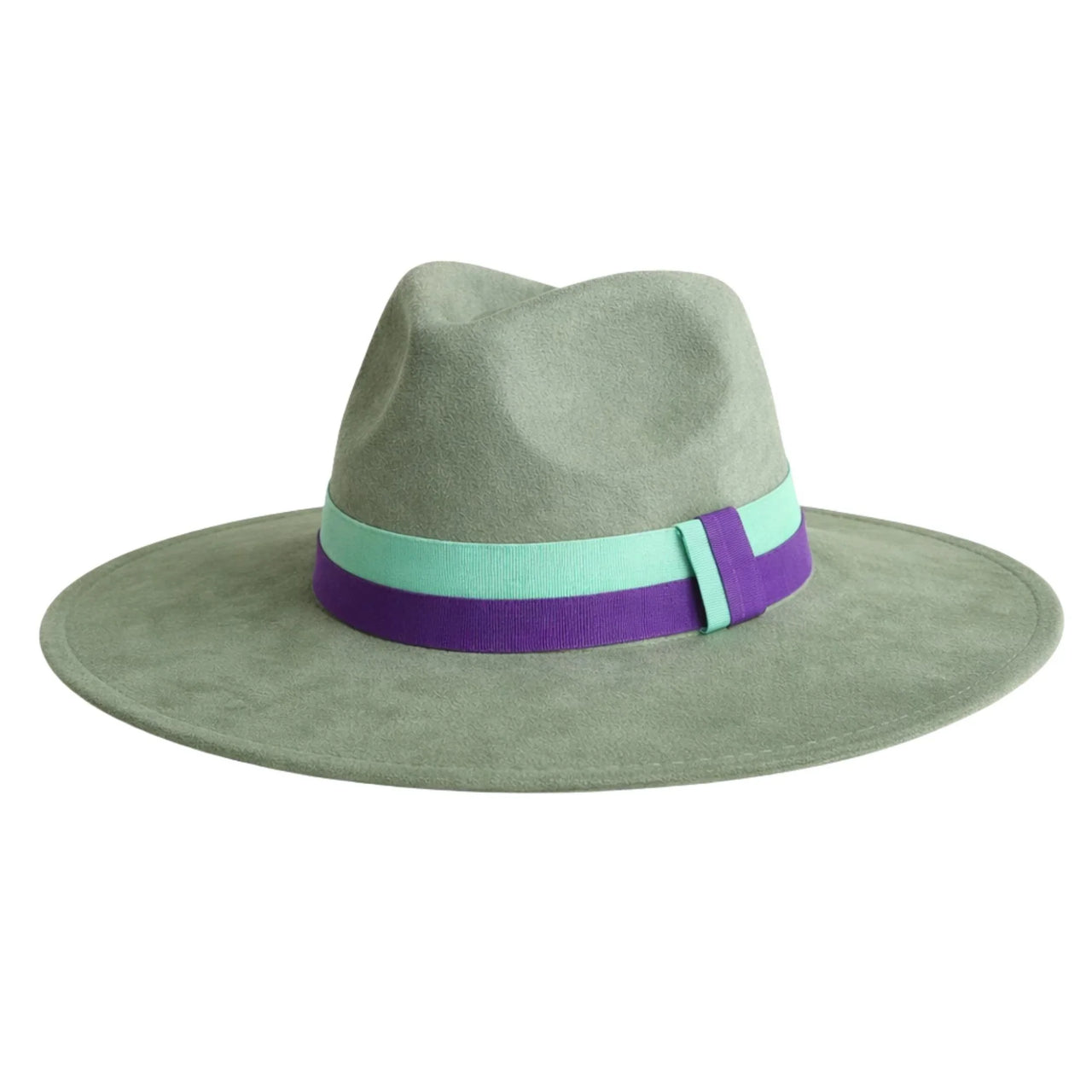 Light green fedora hat with a purple and teal band on a white background.