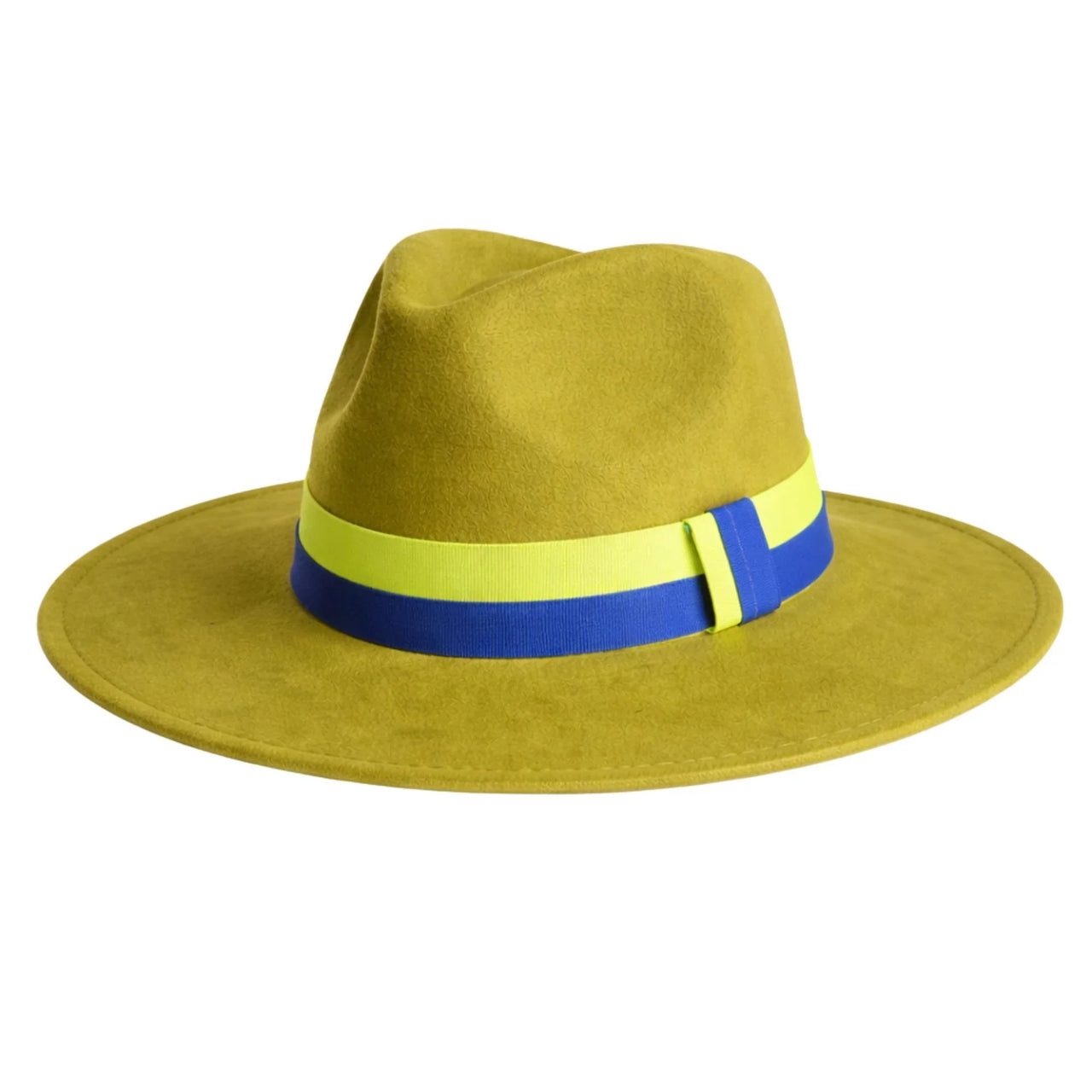 Avocado green fedora hat with a blue and yellow band on a white background