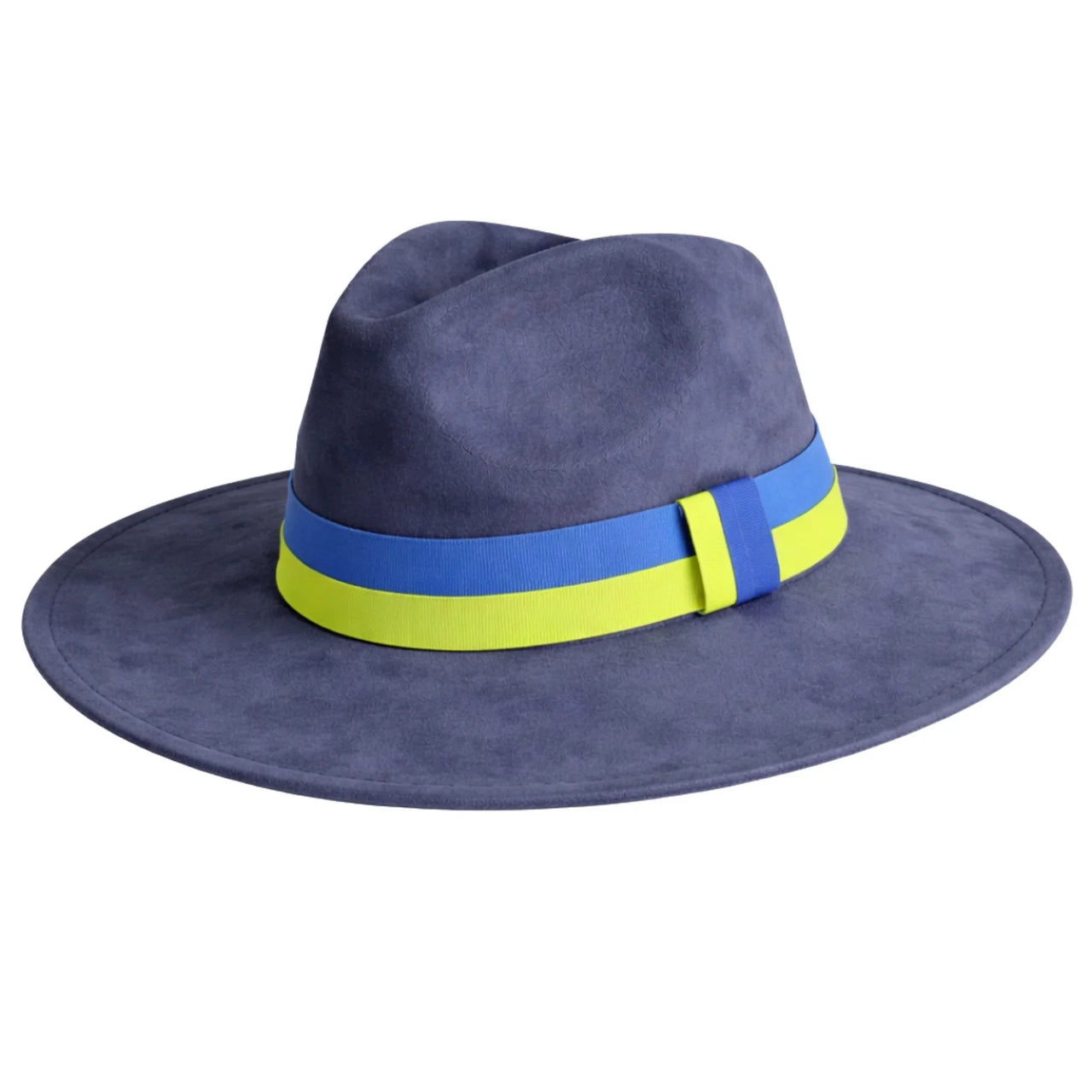Denim blue fedora hat with a blue and yellow band on a white background