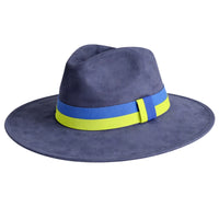 Thumbnail for Denim blue fedora hat with a blue and yellow band on a white background