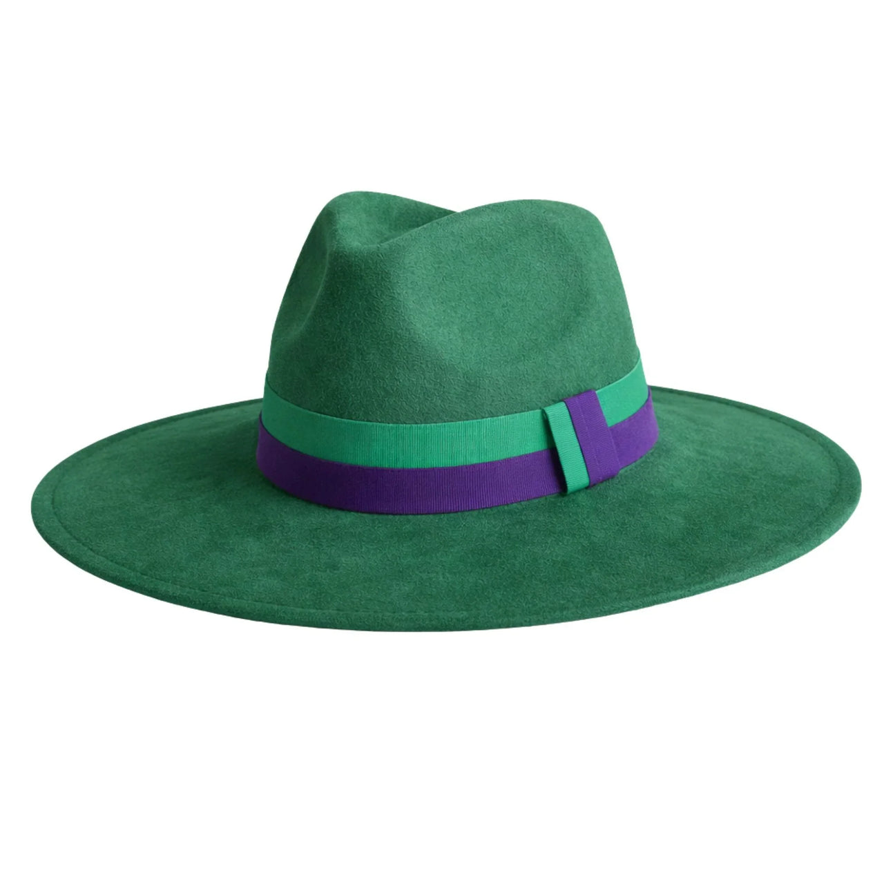 Dark green fedora hat with a purple and green band on a white background