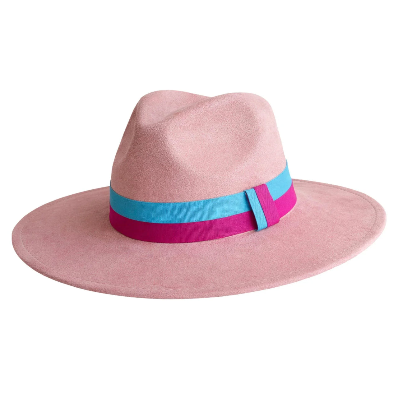 Pink fedora hat with a blue and pink band on a white background