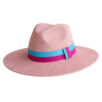 Thumbnail for Pink fedora hat with a blue and pink band on a white background