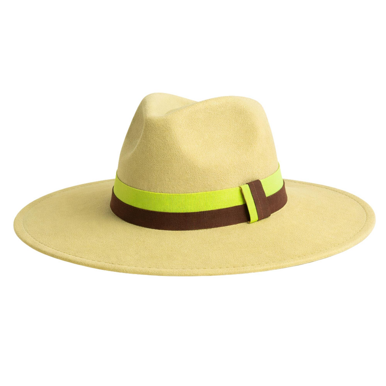 Yellow fedora hat with a brown and green band on a white background