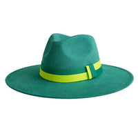 Thumbnail for Green fedora hat with a neon green band on a white background